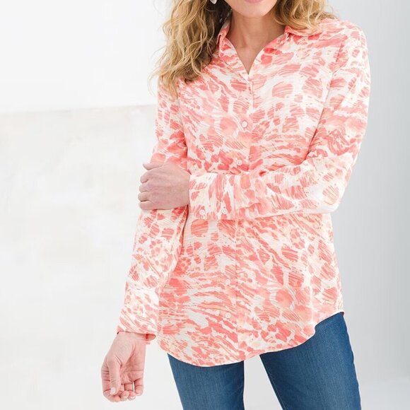 Chico's 100% Modal Coral Orange Pink Sandwashed Satin Animal Print Shirt - Picture 3 of 10